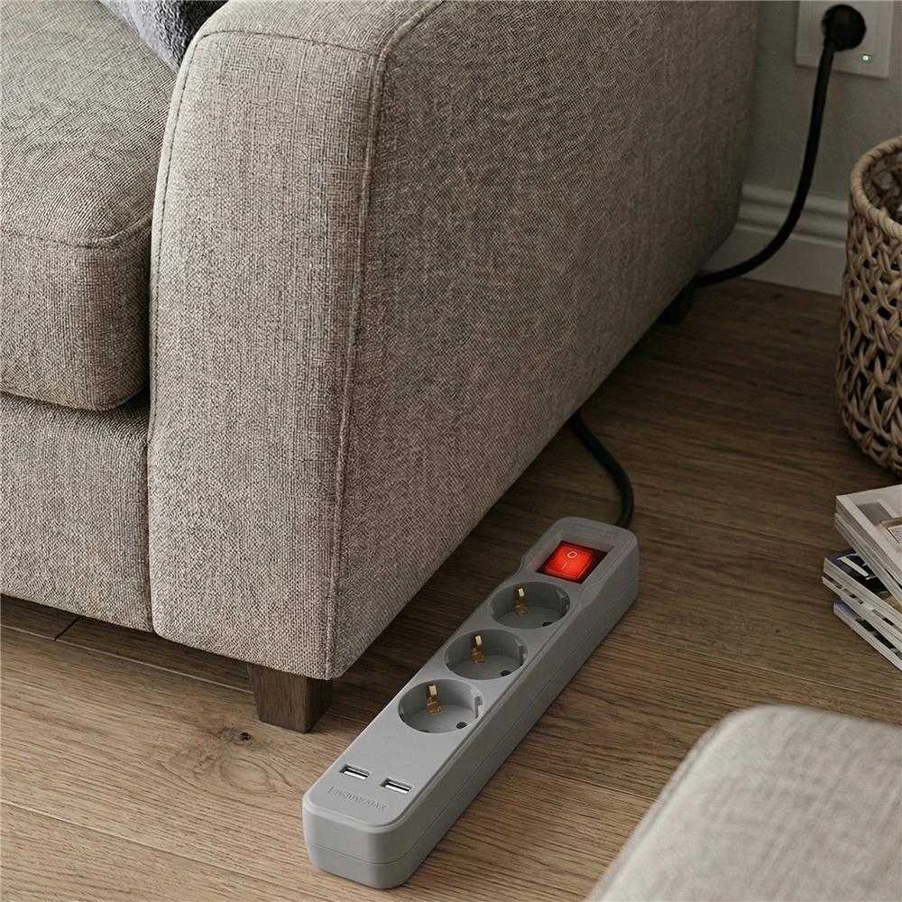 Ilgiklis Entac 3 lizdų +2USB 1.5m 16A su jungikliu, pilkas