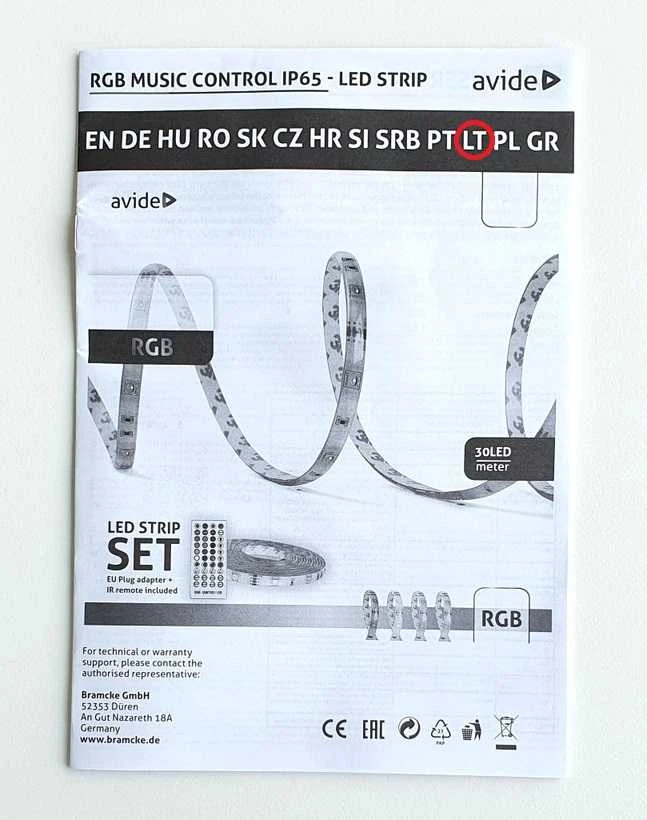 LED juosta Avide 22W RGB 10m Music control, su pultu, IP65