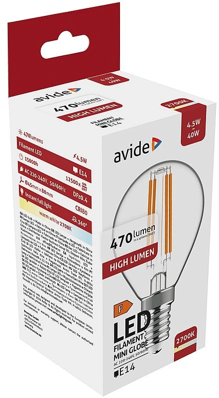 LED lemputė AVIDE, E14, G45, 4W (=40W), 3000K, 220-240V, 470 lm, 360°