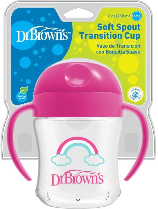 DR. BROWN'S 180 ml mokomoji gertuvė su rankenėlėmis Rožinis, 6+ mėn.