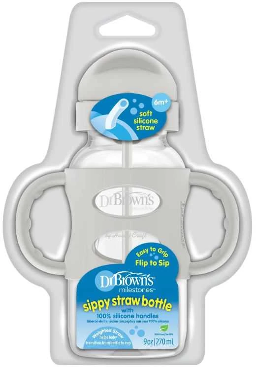 DR. BROWN'S 270 ml buteliukas plačiu kakleliu su šiaudeliu ir svareliu, pilkas