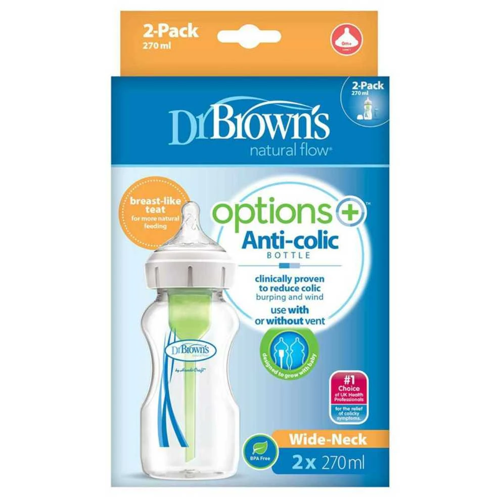 DR. BROWN'S OPTIONS+ 270 ml plataus kaklelio buteliukai, 2 vnt.