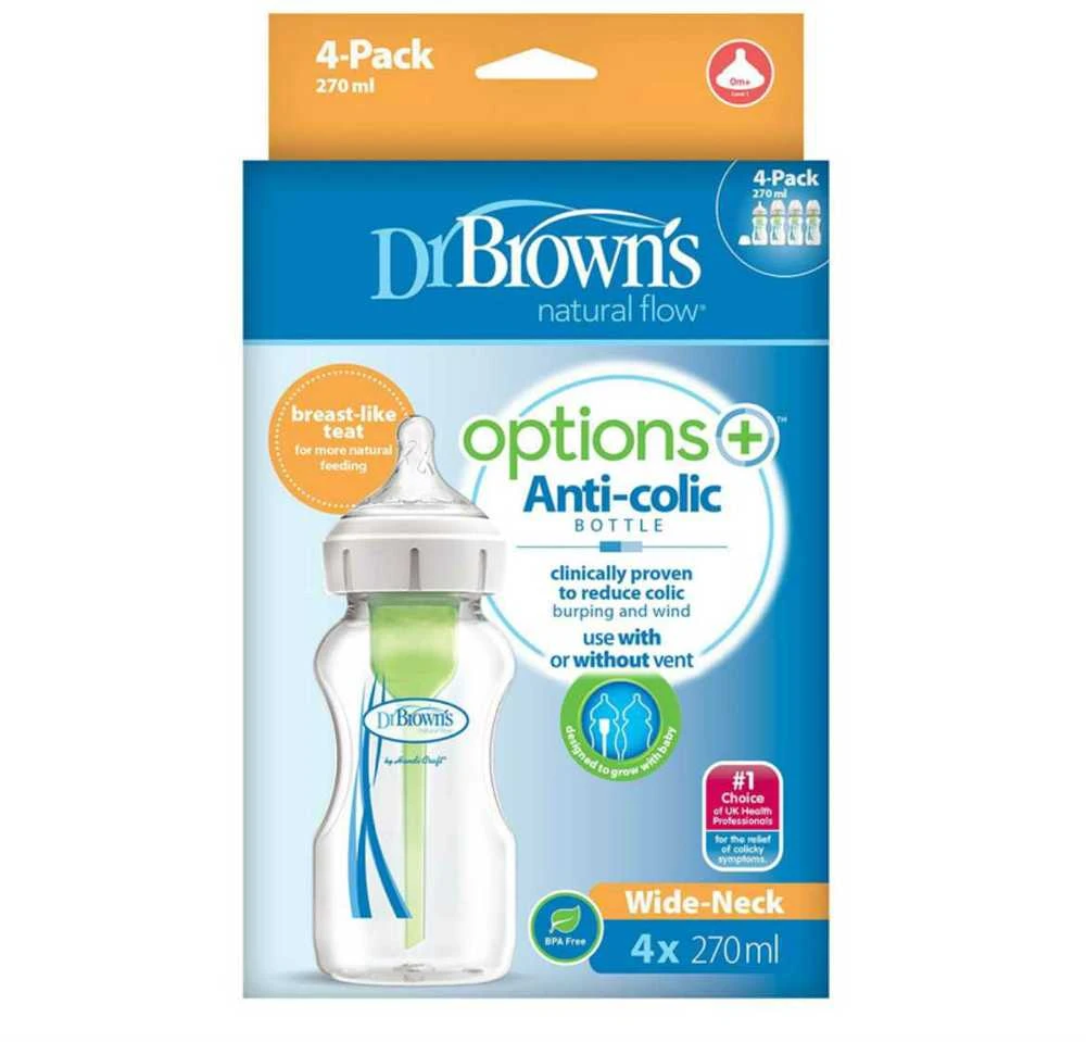 DR. BROWN'S OPTIONS+ 270 ml plataus kaklelio buteliukai, 4 vnt.
