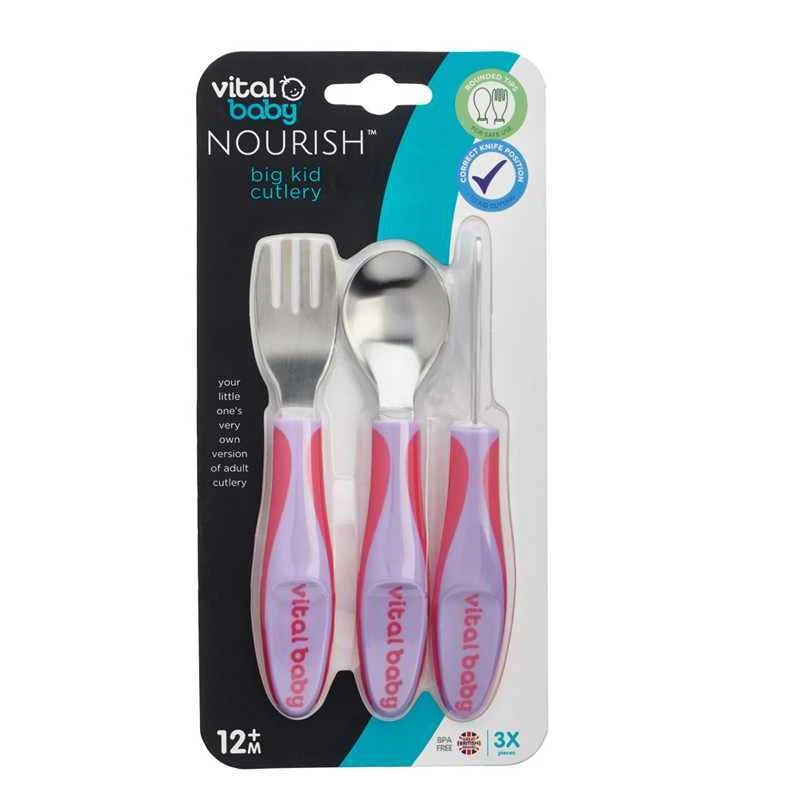VITAL BABY 12+ mėn. įrankių komplektas NOURISH Big Kid Cutlery Fizz, rožinis