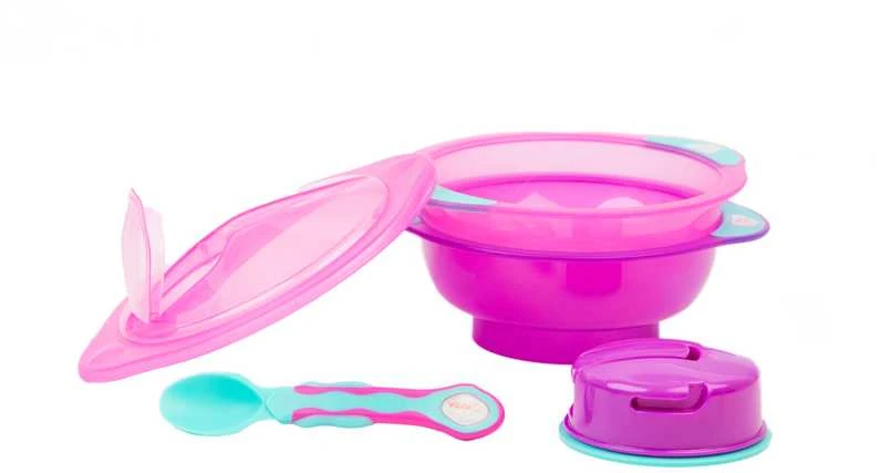 VITAL BABY 2 kelioniniai dubenėliai su siurbtuku, dangčiu ir šaukšteliu, rožinis/mėlynas