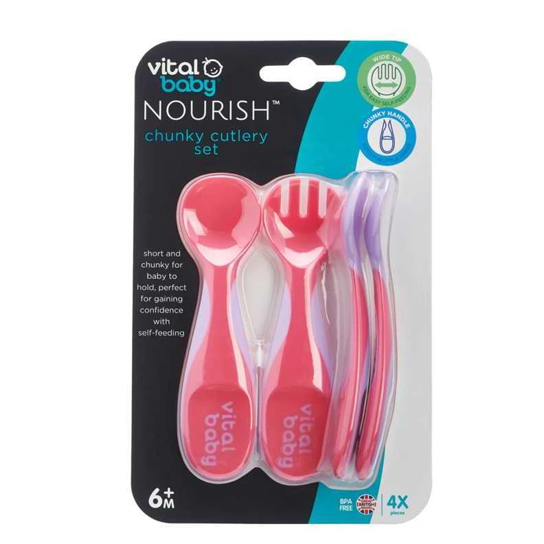 VITAL BABY 6+ mėn. įrankių komplektas NOURISH Chunky Cutlery Set Fizz, rožinis, 2 vnt.