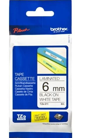 Brother | TZe-211 Laminated Tape | Juodas on Baltas | TZe | 8 m | 6 cm