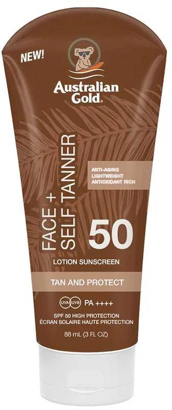 S„Australian Gold Face+ Self Tanner“ savaiminio įdegio losjonas nuo saulės su SPF50, 88 ml aprašymas - Prekės nuotrauka