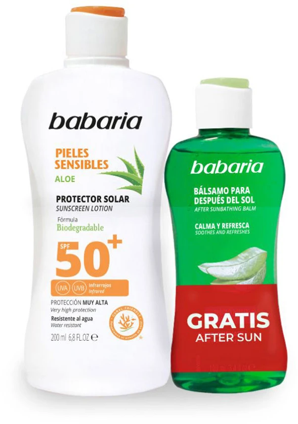 Babaria Aloe Protector Solar Spf50 Piel Sensible Resistente Al Agua, 200 ml Balsamo After Sun 1u