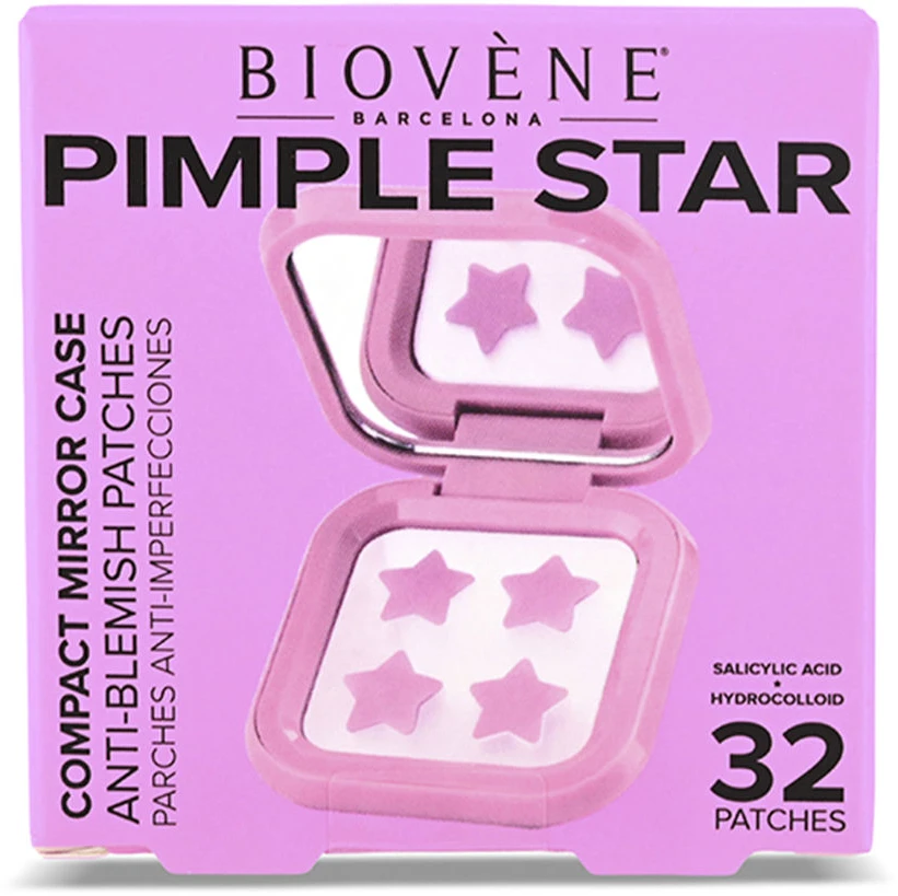 Biovene Pimple Star pleistrai ir veidrodėlio dėklas, 32 vnt. Rožinis pleistrų rinkinys