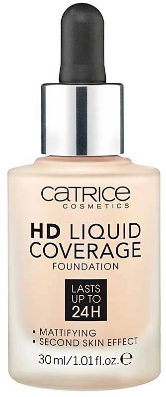 "Catrice Hd Liquid Coverage Foundation" dengiamasis makiažo pagrindas, išliekantis iki 24 val. 010 Light rusvai gelsvas 30ml