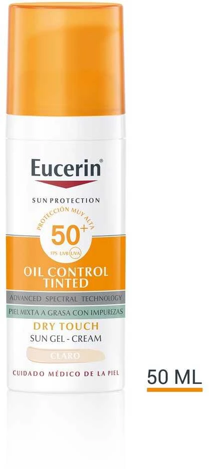 Eucerin Oil Control Dry Touch Gel Cream SPF 50+ Tinted Light apsauginis kremas nuo saulės su atspalviu, 50 ml