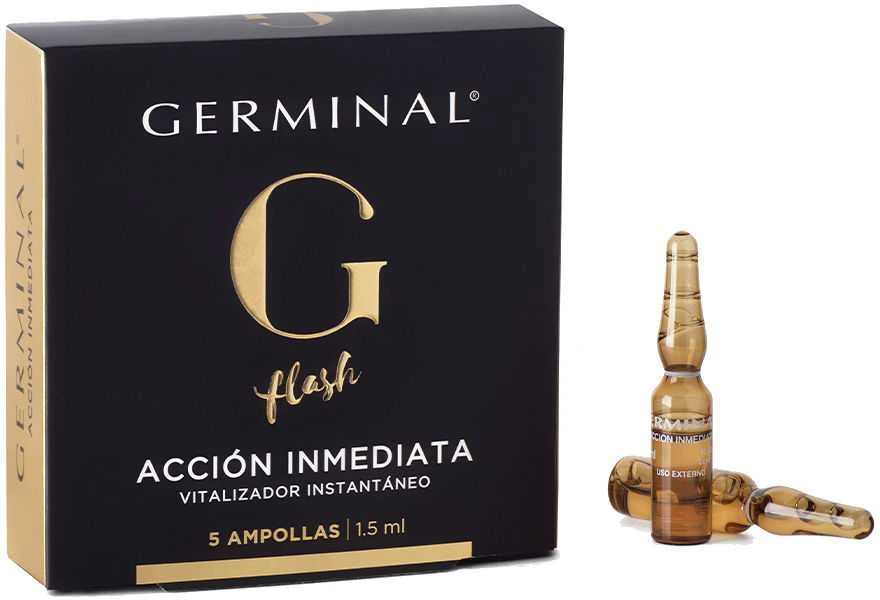 Germinal Flash ampulės pakuotė ir stikliniai flakonai