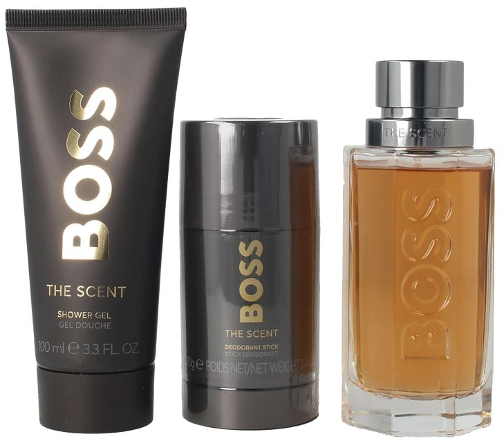 Hugo Boss The Scent tualetinis vanduo, 100 ml dezodorantas-stiklinis dezodorantas, 75 ml gelis „Ducha“, 100 ml