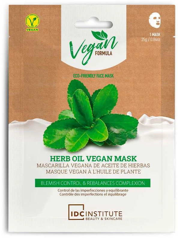 Aquarius IDC INSTITUTE Vegan lakštinė veido kaukė padeda kontroliuoti pigmentines dėmes ir subalansuoti veido odos spalvą su žolelių aliejumi Herbal Oil, 25 g