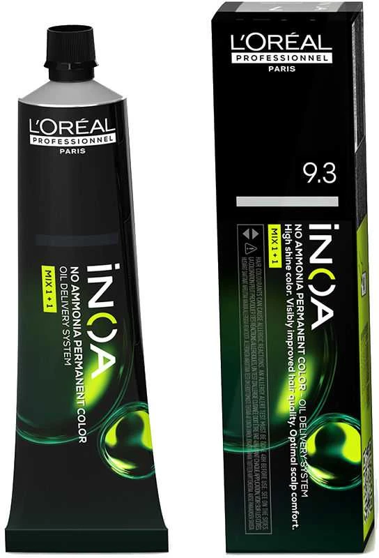 L'oreal Inoa 9.3 dažų tūbelė ir pakuotė