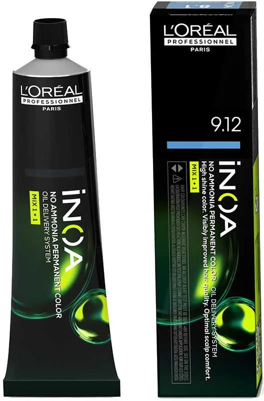 L‘Oreal iNOA 9.12 plaukų dažų tūbelė ir pakuotė