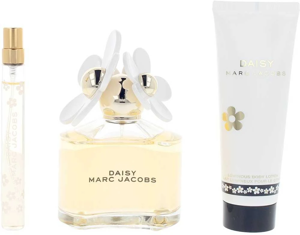 Rinkinys Marc Jacobs: „Daisy“ tualetinis vanduo moterims, 100 ml + „Daisy“ tualetinis vanduo moterims, 10 ml + „Daisy“ drėkinamasis losjonas kūnui, 75 ml