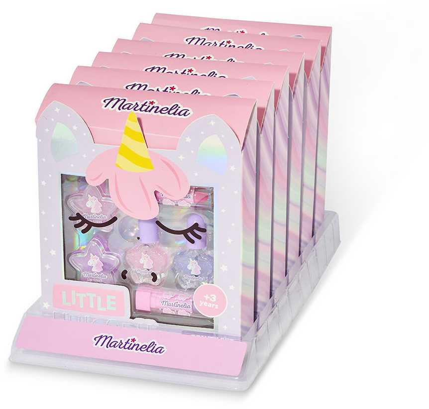 Aquarius MARTINELIA Little Unicorn rinkinys: nagų lakas- 2x 4,5 ml, 2x 2,5 g blizgantys lūpų balzamai ir 2x1,5 g lūpdažis.