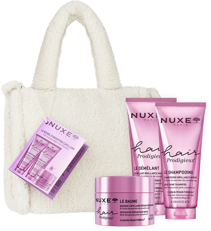 NUXE_SET Hair Prodigieux szampon wygładzający 200ml +odżywka wygładzająca ułatwiająca rozczesywanie 200ml + 3-minutowa maska do włosów 200ml + kosmetyczka