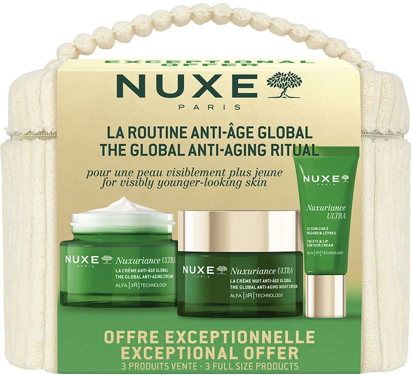 Nuxe „Nuxuriance Ultra“ rinkinys: dieninis kremas nuo senėjimo 50 ml + naktinis kremas nuo senėjimo 50 ml + paakių ir lūpų kremas 15 ml