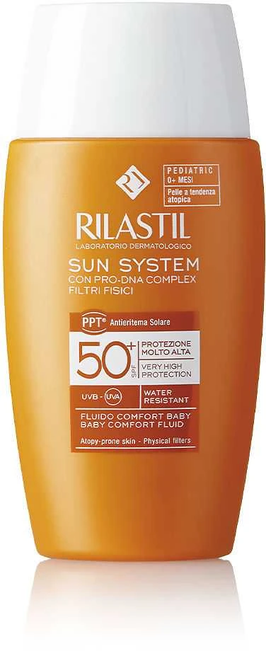 plonos tekstūros veido ir akių apsauginis kremas nuo saulės "Rilastil Sun System Baby Comfort Fluid Spf50+" 50ml