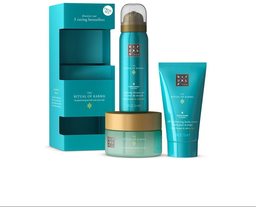 Veido ir kūno odos priežiūros priemonių rinkinys Rituals The Ritual of Karma (dušo želė 50 ml + kūno šveitiklis 125 ml + kūno kremas 70 ml)