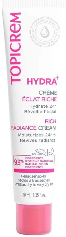 Topicrem HYDRA+ Rich Moisturizing Radiance Kreminis drėkinamasis, spindesio suteikiantis veido kremas jautriai ir sausai odai, 40 ml