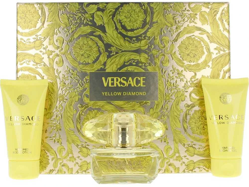 Versace Geltona Diamond rinkinys moterims (EDT, 50 ml + kūno losjonas, 50 ml + dušo želė, 50 ml)