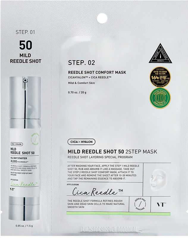 VT Cosmetics švelni dviejų žingsnių veido kaukė „Reedle Shot“, 21,5 g