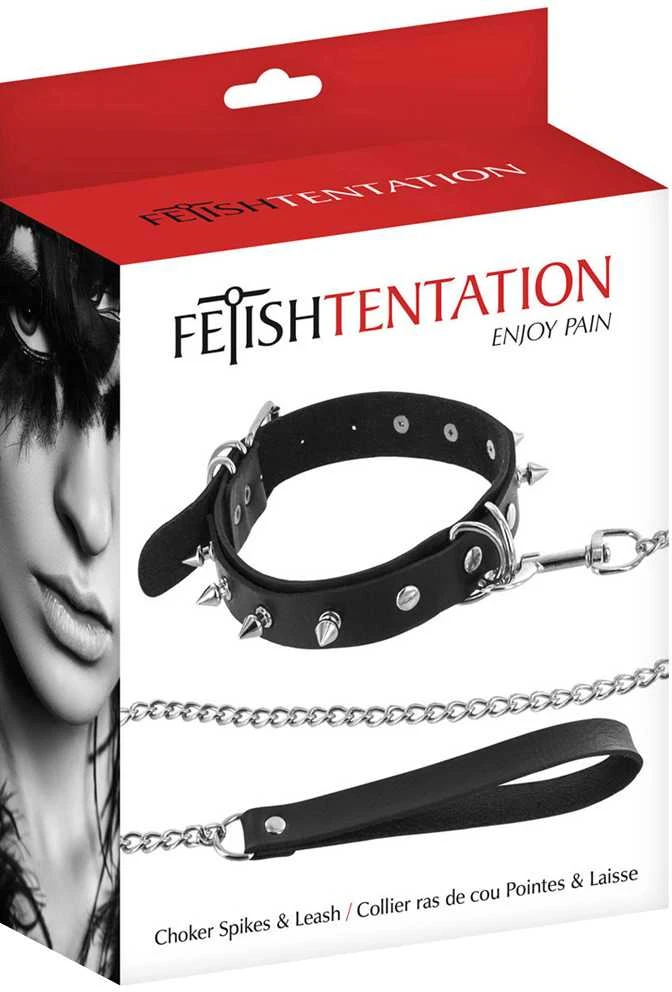 Fetish Tentation Choker Spikes and Leash apykaklė su ilgu pavadėliu