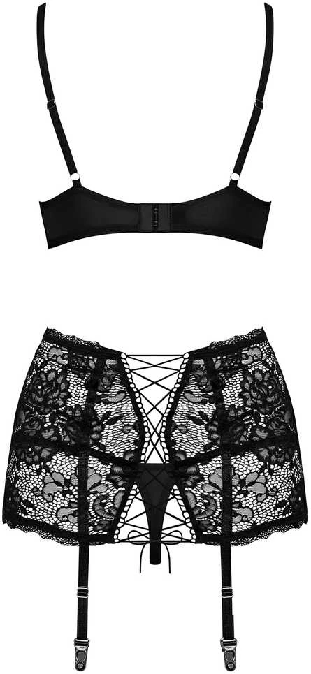 Obsessive - Peonesia 3 Pcs Set Juodas S/M 3 dalių apatinių komplektas