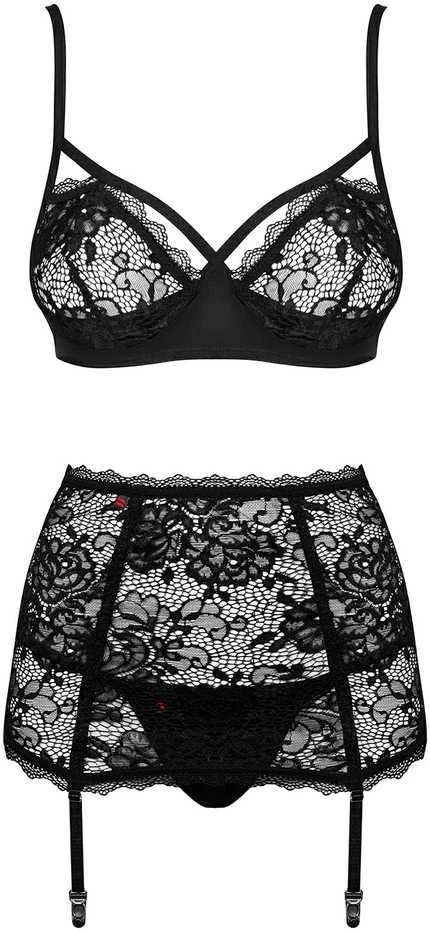 Obsessive - Peonesia 3 Pcs Set Juodas S/M 3 dalių apatinių komplektas