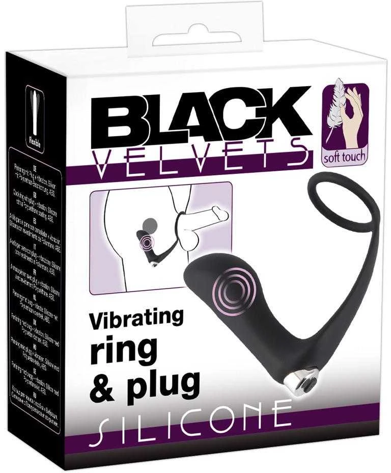 Black Velvets vibruojantis žiedas ir kamštis pakuotėje
