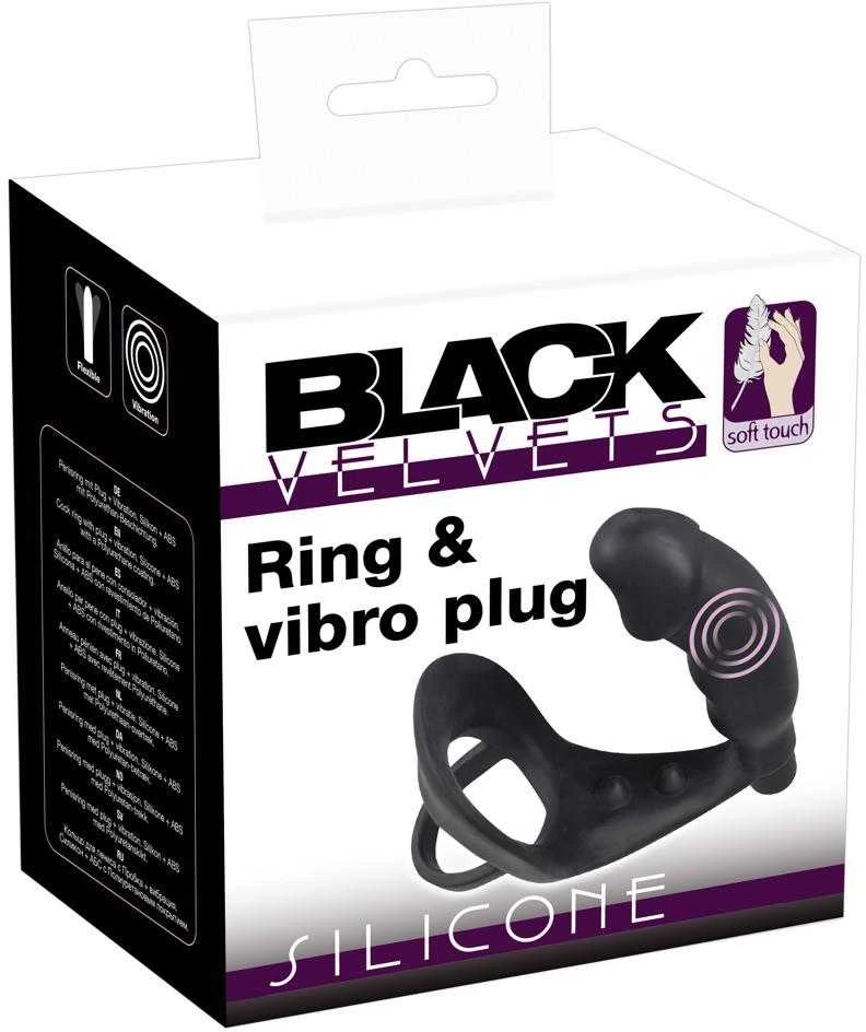 Black Velvets vibruojantis žiedas ir kištukas pakuotėje
