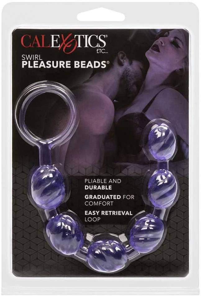 Violetinės Swirl Pleasure Beads analinės kulkos pakuotėje
