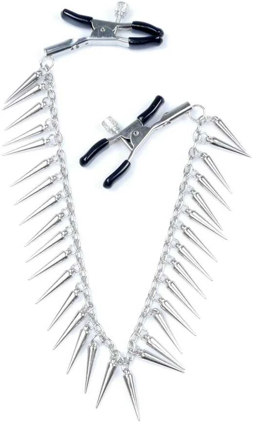 Fetish B Series Fetish B serijos spenelių spaustukai su grandinėle ir dygliuotais BDSM bondage