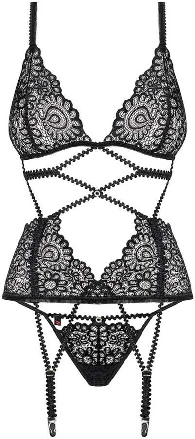 Obsessive - Mixty Corset & Thong Juodas L/XL korseto ir stringų rinkinys