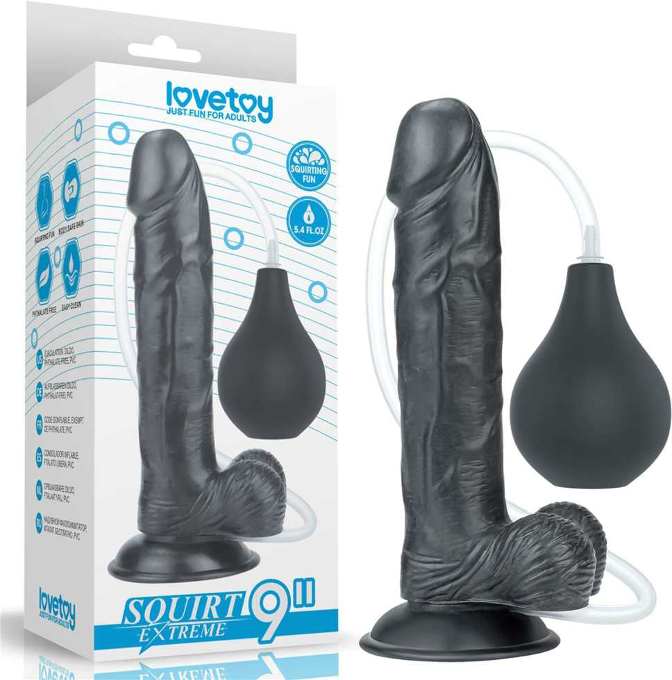 „Lovetoy“ didelis juodas penis su siurbtuku ir ejakuliacijos dildu
