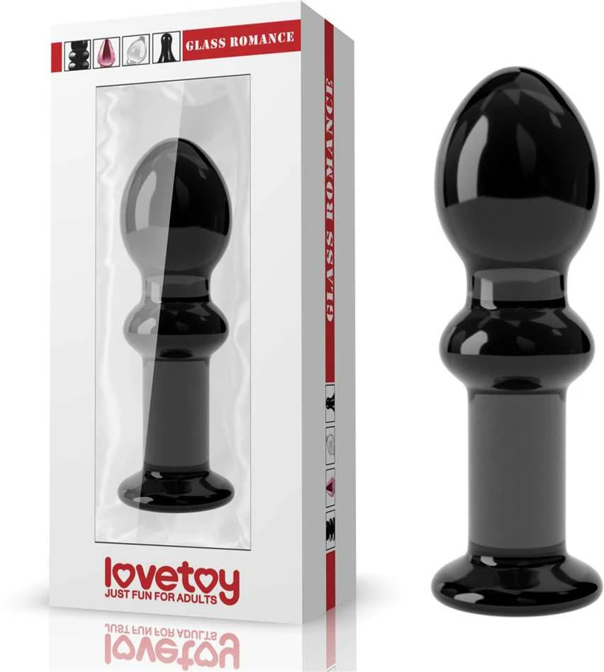 Juodas stiklinis analinis kištukas pakuotėje