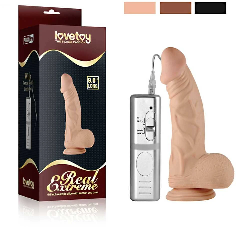Lovetoy 9 colių ilgio itin stiprus vibruojantis dildo su minkšta oda