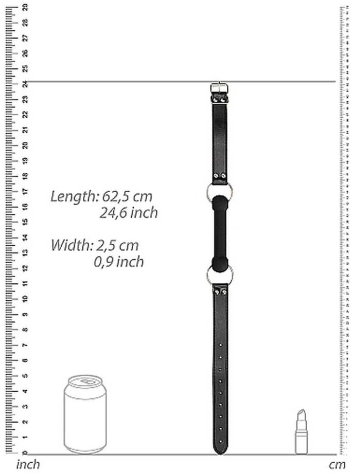 Juodas bit gag dirželis su matmenų schema