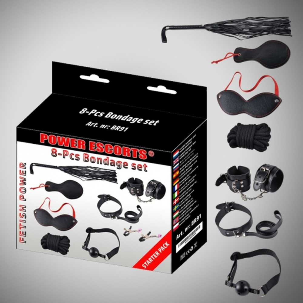 Power Escorts Bondage rinkinys 8 vnt juodas rankogaliai / apykaklė / kaukė / whipp / spaustukai / virvė ir kt