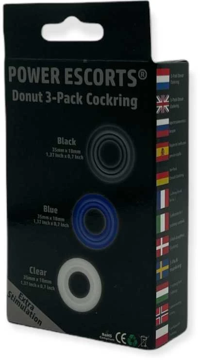 Power Escorts Ring-Donut Cockring 3 Pack-3 color mėlynas/clear/juodas