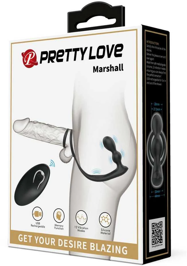 Pretty Love Male „PRETTY LOVE“ – „Marshall“ penio žiedas su vibruojančiu analiniu kamščiu ir nuotolinio valdymo pultu