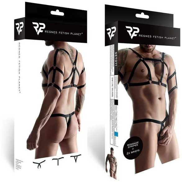 Regnes Fetish Planet Vyriškas guminis rinkinys: marškinėliai su dekoracijomis nugaroje ir priekyje, 2 pakuotės dirželiai xxl/xxxl