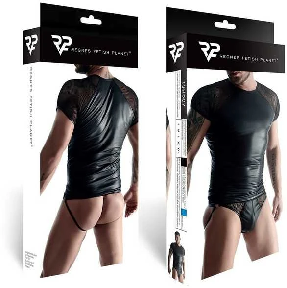 Regnes Fetish Planet vyriški marškinėliai su wetlook su rankovėmis su elastingu tinkleliu