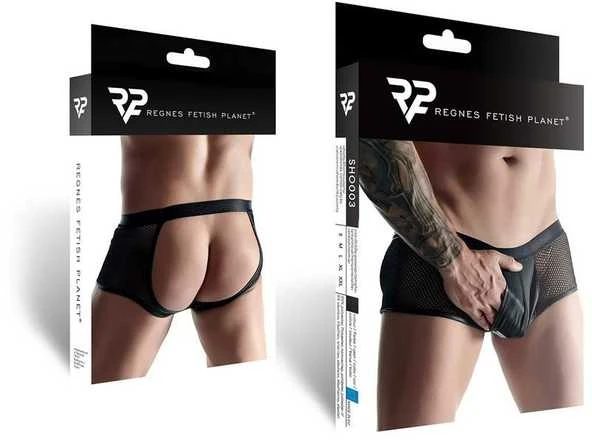 Regnes Fetish Planet Vyriški šortai su wetlook ir elastiniu tinkleliu, atvira nugara