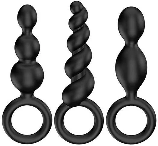 „Satisfyer Booty Call“ analinių kamštukų rinkinys su stimuliuojančia Juodo struktūra