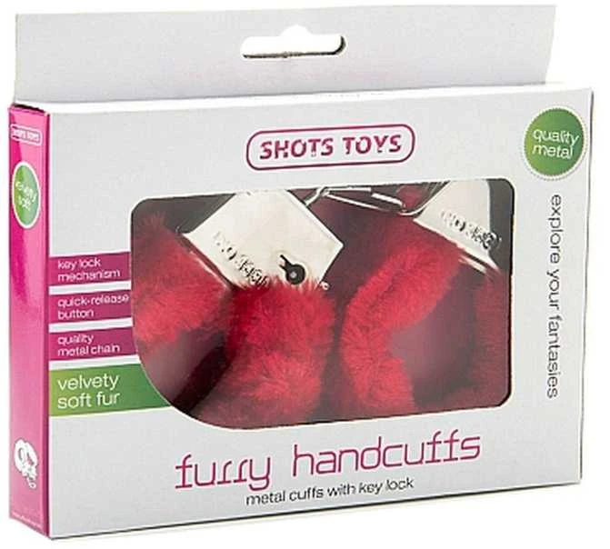 ShotsToys raudoni pūkuoti antrankiai pakuotėje